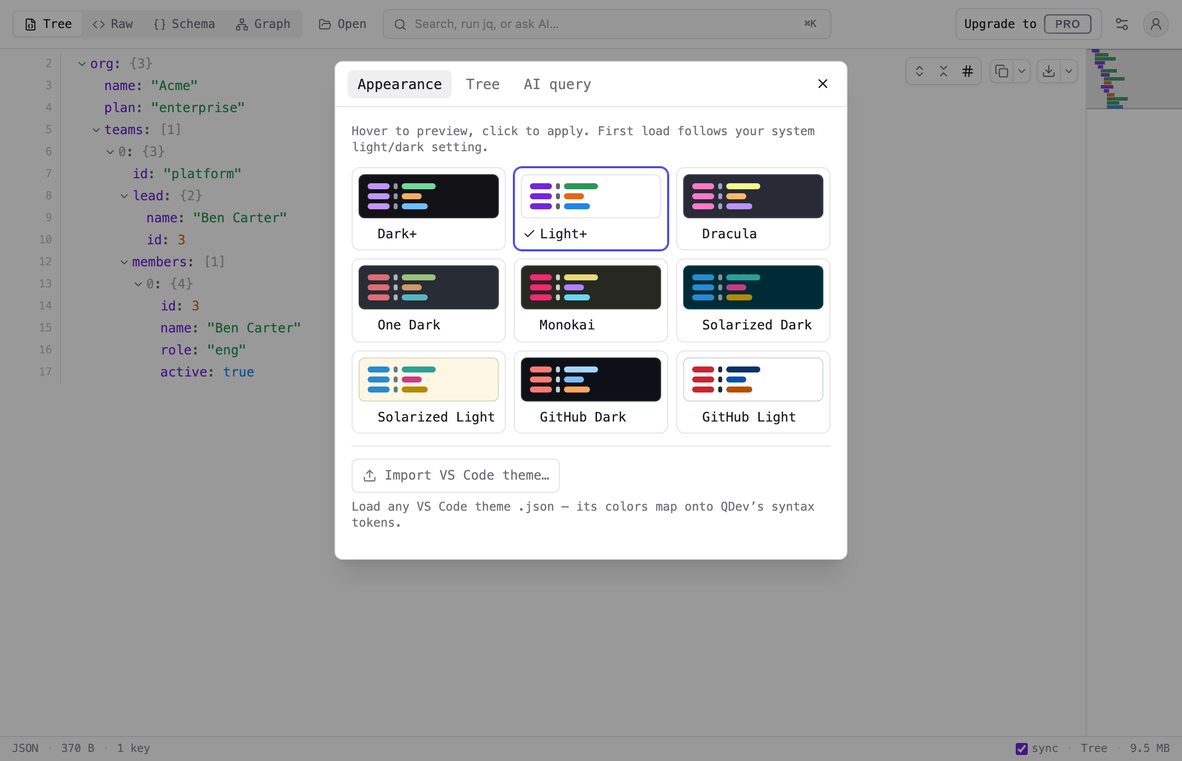 The Settings dialog on the Appearance tab, a gallery of theme cards each previewing its own colors.