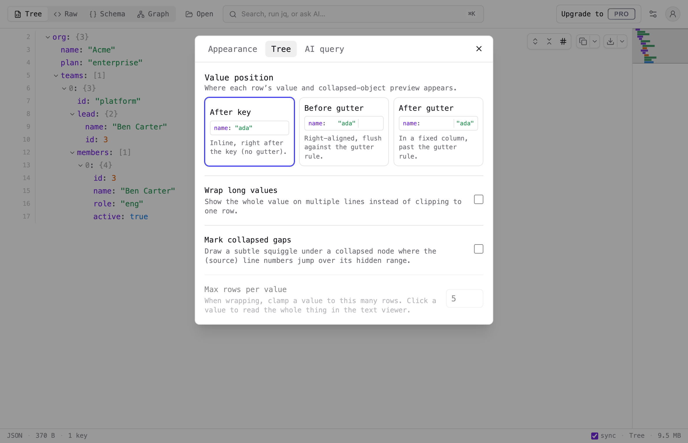 The Settings dialog open on the Tree tab, showing Value position, Wrap long values, Max rows, and Mark collapsed gaps.